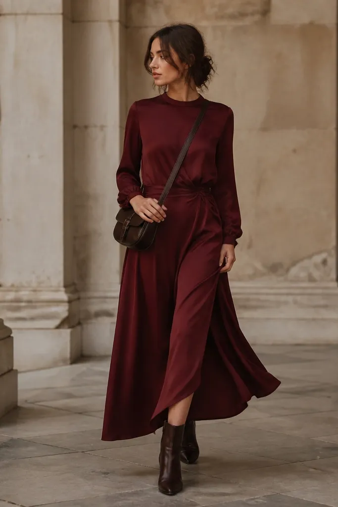 A wine red long sleeve evening dress paired with espresso leather ankle boots and a dark leather crossbody.