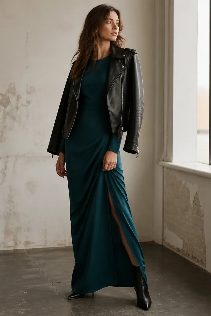 A teal long sleeve evening dress layered with a black leather moto jacket and black pointed boots.