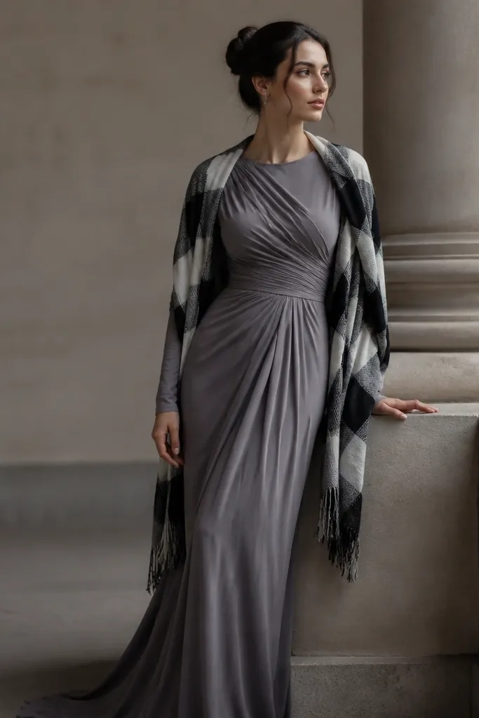 A grey long sleeve evening dress with a black-and-white check scarf draped loosely over the shoulders.