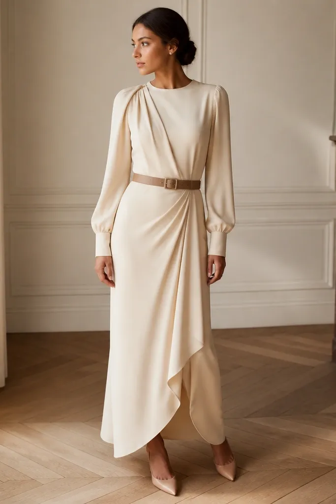 A cream long sleeve evening dress with a camel belt, gold stud earrings, and nude heels.