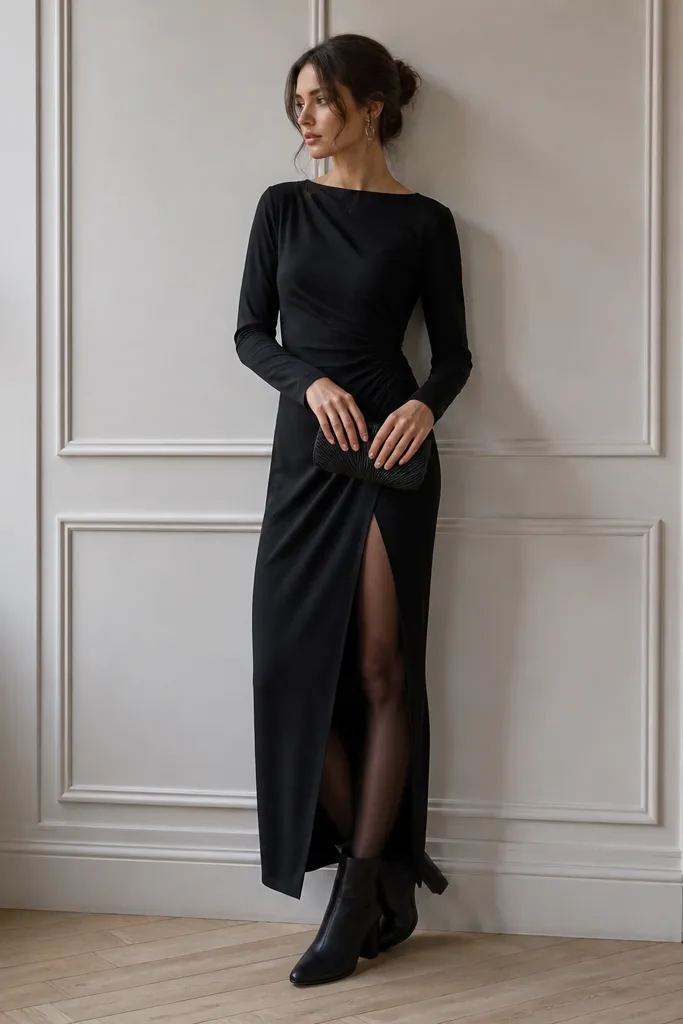 A black long sleeve evening dress with sheer black tights, block heel ankle boots, and a small black clutch.