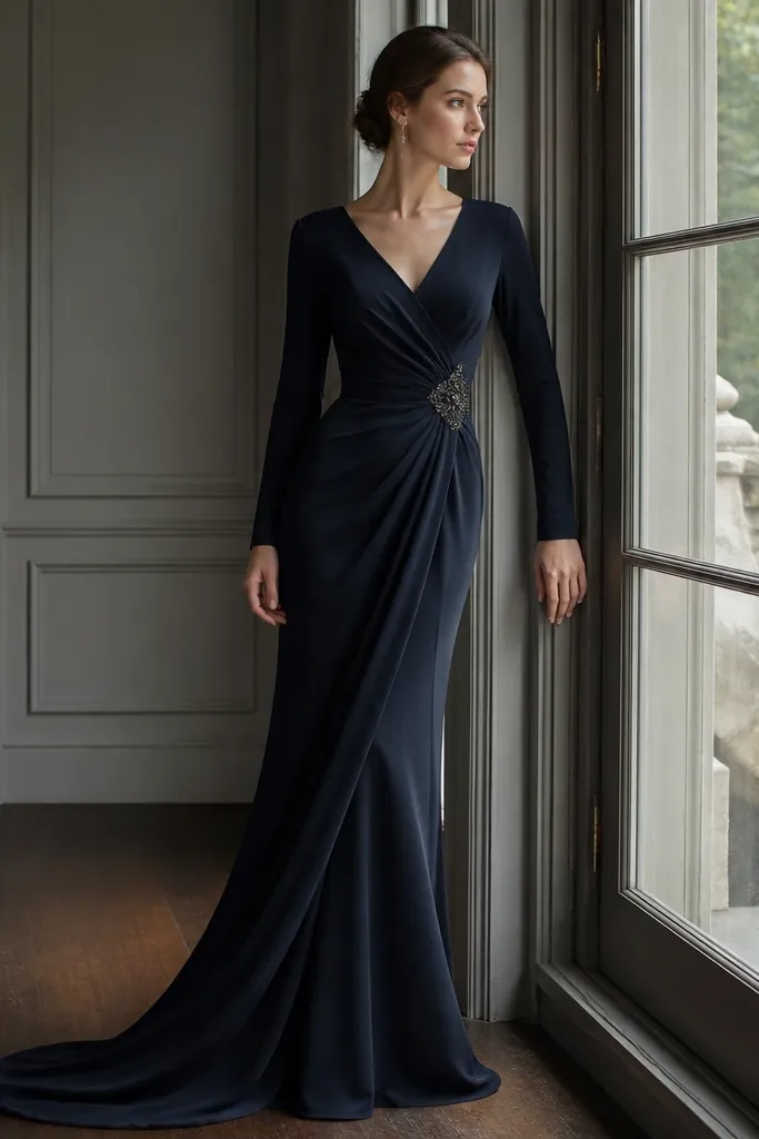 Low-maintenance styling for a long sleeve winter evening dress