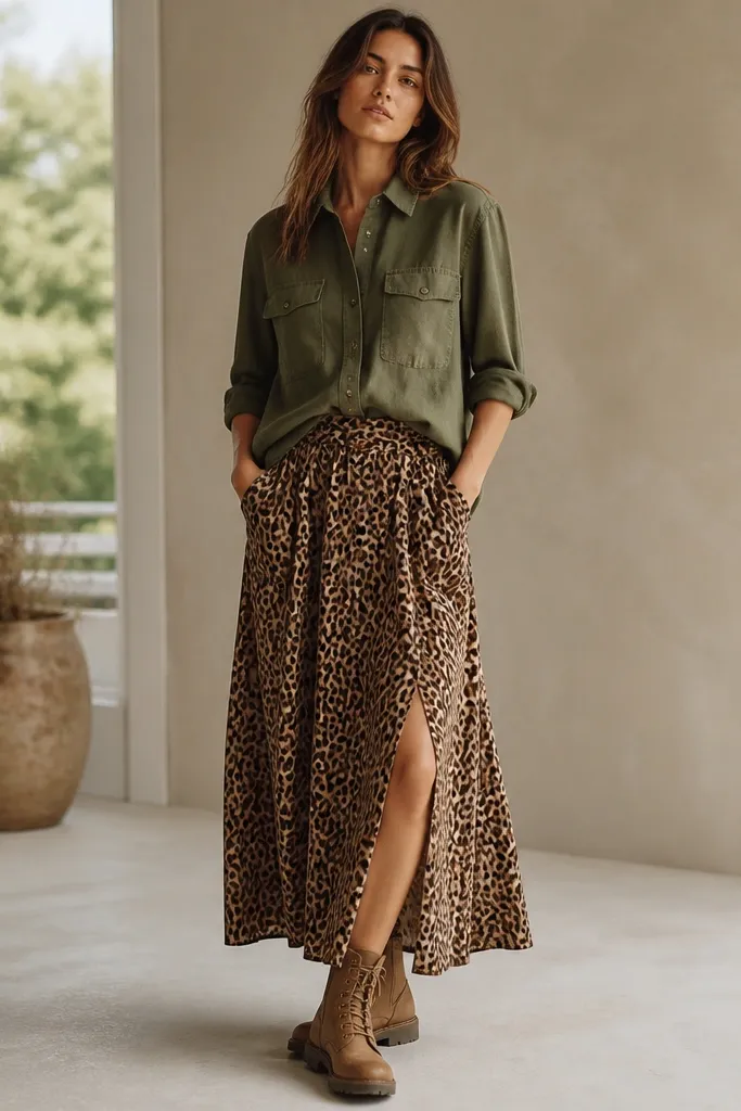 Olive button-up utility shirt in a matte cotton texture worn partially tucked over a leopard skirt with visible side pockets. The shirt sleeves are rolled to mid-forearm and the collar sits crisp. The model wears tan lace-up boots.