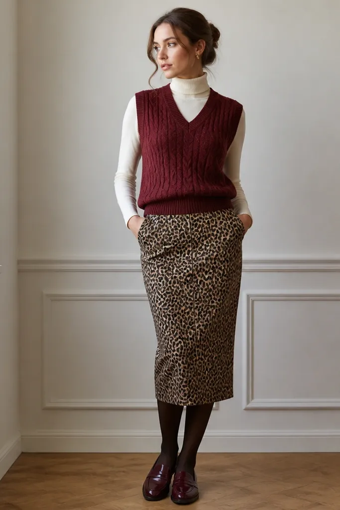 A burgundy cable-knit sweater vest over a cream fitted turtleneck. The leopard skirt is fitted at the hips and has side pockets. The model wears dark tights and burgundy loafers.