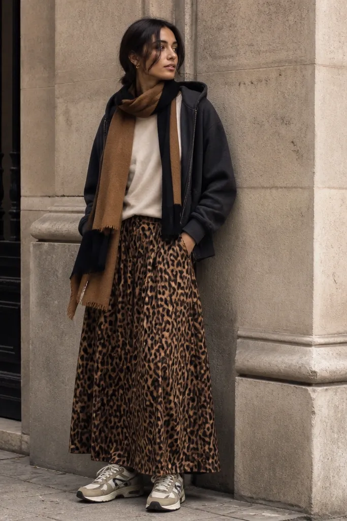 Charcoal gray hoodie worn over a cream tee with the hem slightly tucked. Leopard skirt with side pockets. A long scarf in camel and black is looped once around the neck. The model wears chunky sneakers.