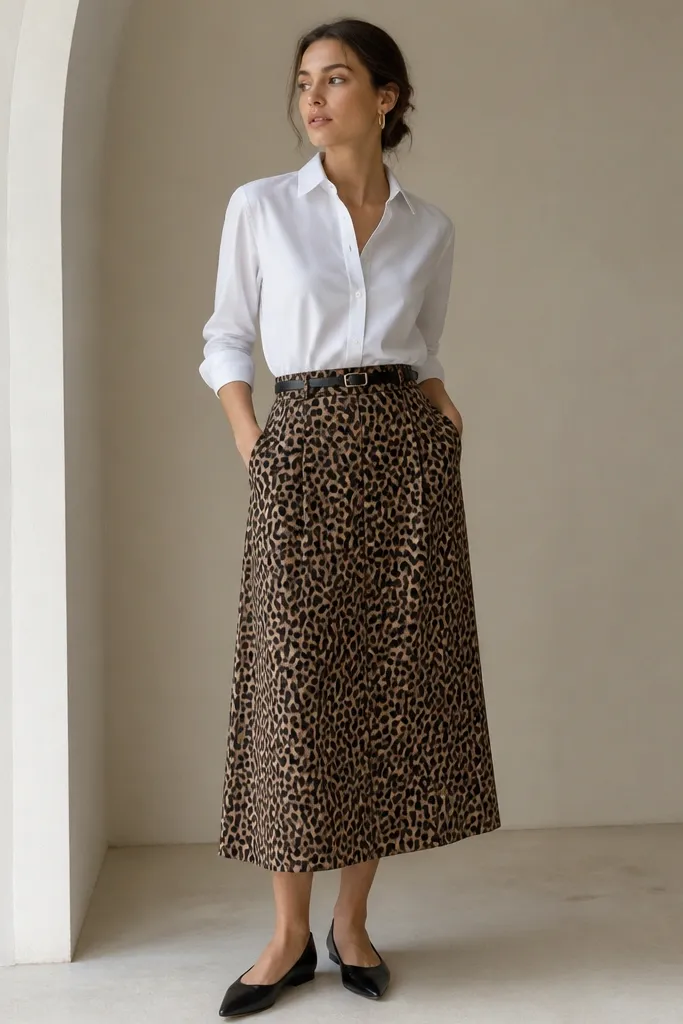 A crisp white button-down shirt tucked into a leopard skirt with side pockets. A thin black belt defines the waist. The model wears black pointed flats and gold hoop earrings.