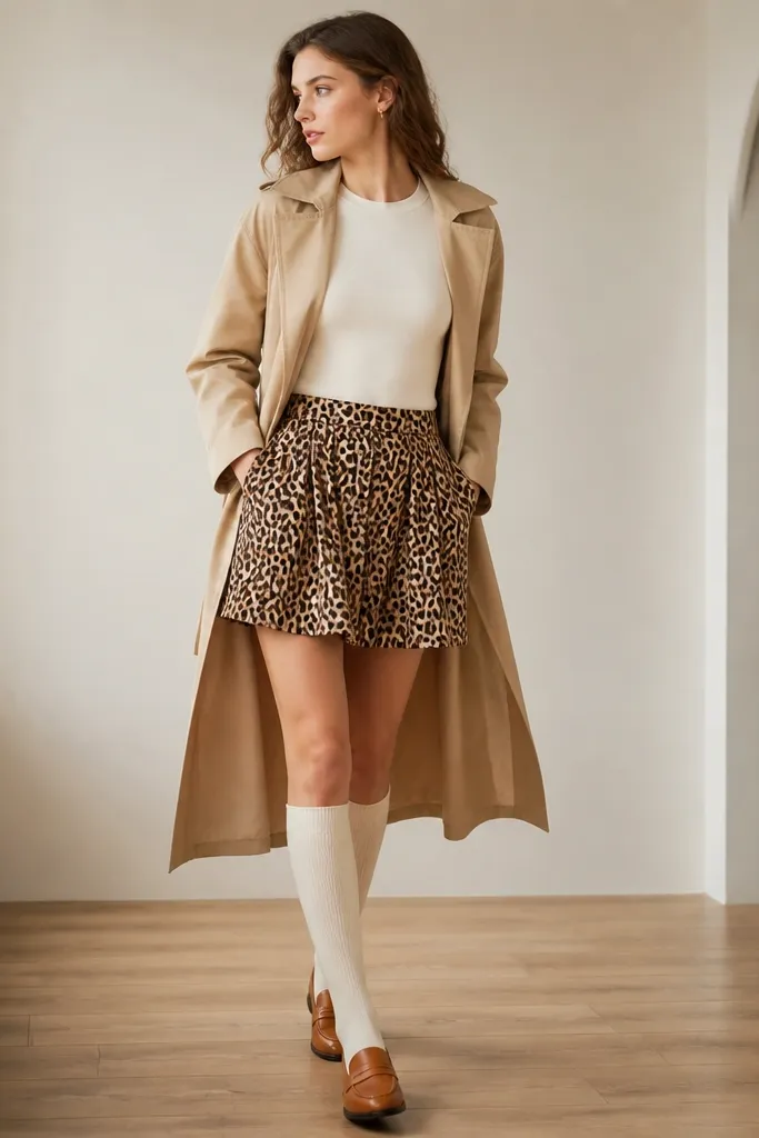 A tan trench coat worn open over a fitted knit tee in cream. Leopard skirt with side pockets visible when the model turns. The model wears knee-high socks and tan leather loafers.