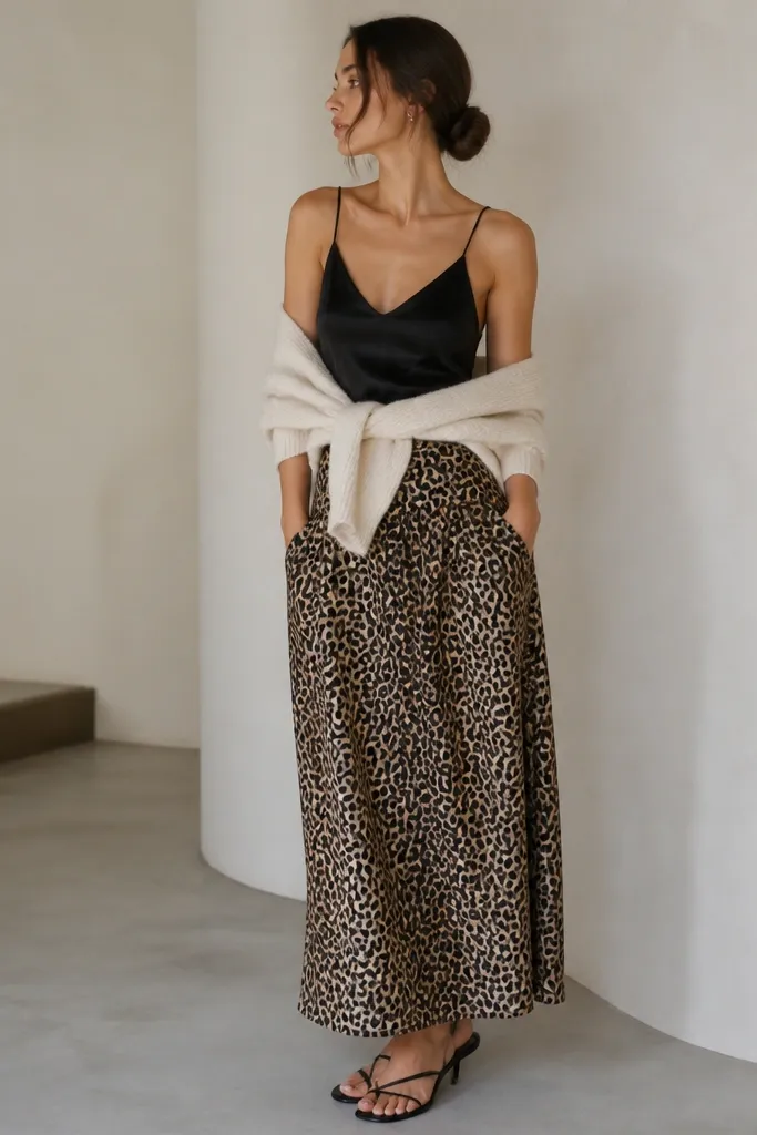 A black satin camisole with thin straps over a light cream cardigan worn as a wrap. Leopard skirt with side pockets. The model has a low bun and wears black strappy sandals.