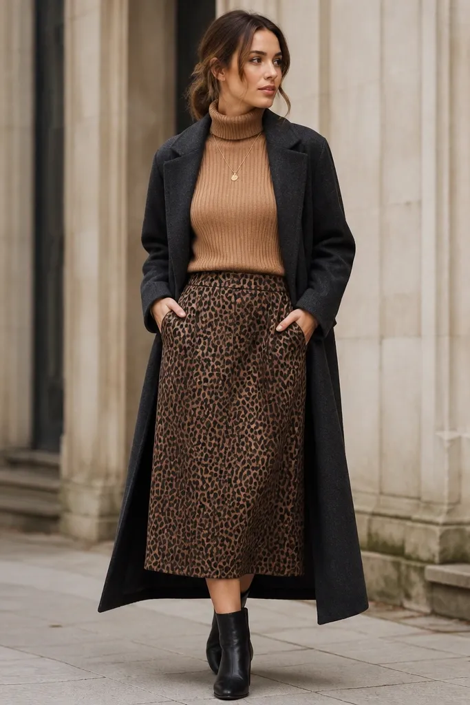 Camel ribbed turtleneck tucked into a leopard skirt with side pockets. A long charcoal wool coat falls to mid-calf, open at the front. The model wears black ankle boots and a simple gold necklace.