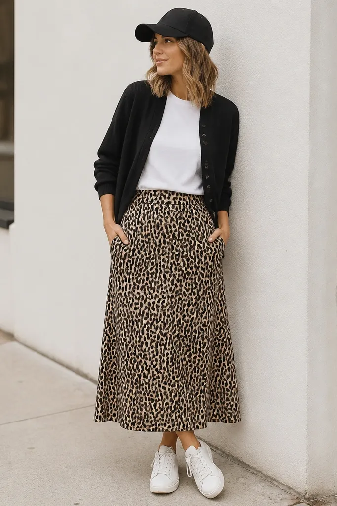 Button-front black cardigan worn open over a white tee. Leopard skirt with side pockets and a slight A-line drape. The model wears clean white sneakers and a black cap.