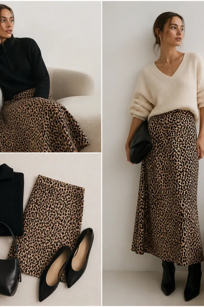Leopard skirt outfit ideas with storage friendly styling