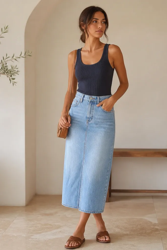 A medium-wash navy ribbed tank tucked into a baby blue denim midi skirt. The tank hugs the torso, and the skirt has a clean front seam and slight whiskering. The outfit includes brown sandals and a small crossbody in tan leather.