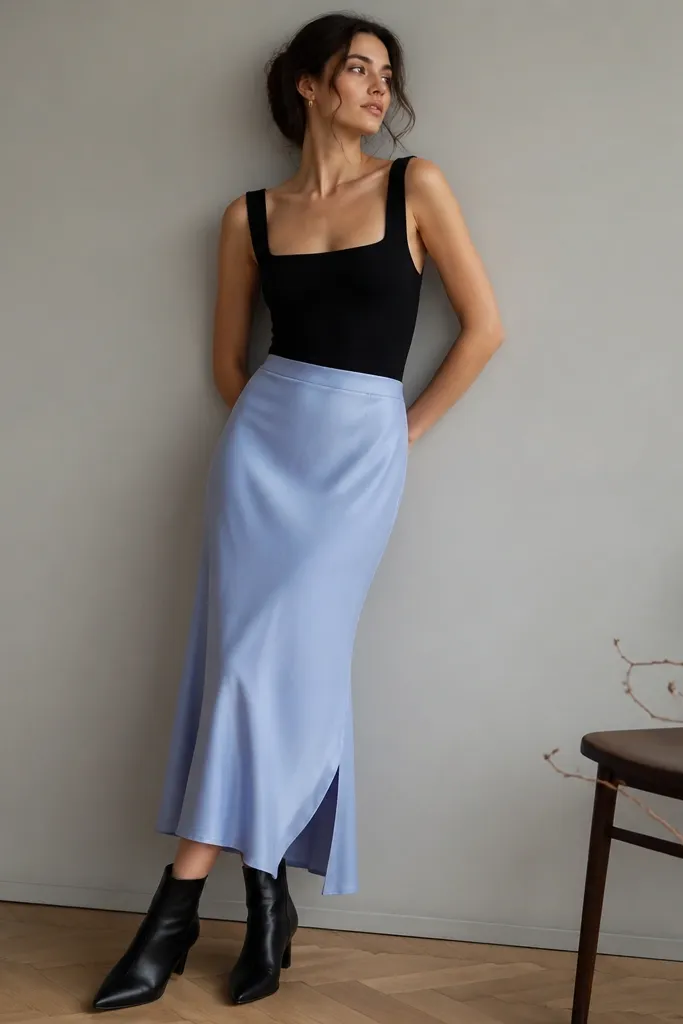 A periwinkle light blue skirt with a black square-neck bodysuit tucked in. The bodysuit has thick straps and a clean neckline. The skirt is slightly satin-matte, and the styling includes black ankle boots and a small gold hoop earring.