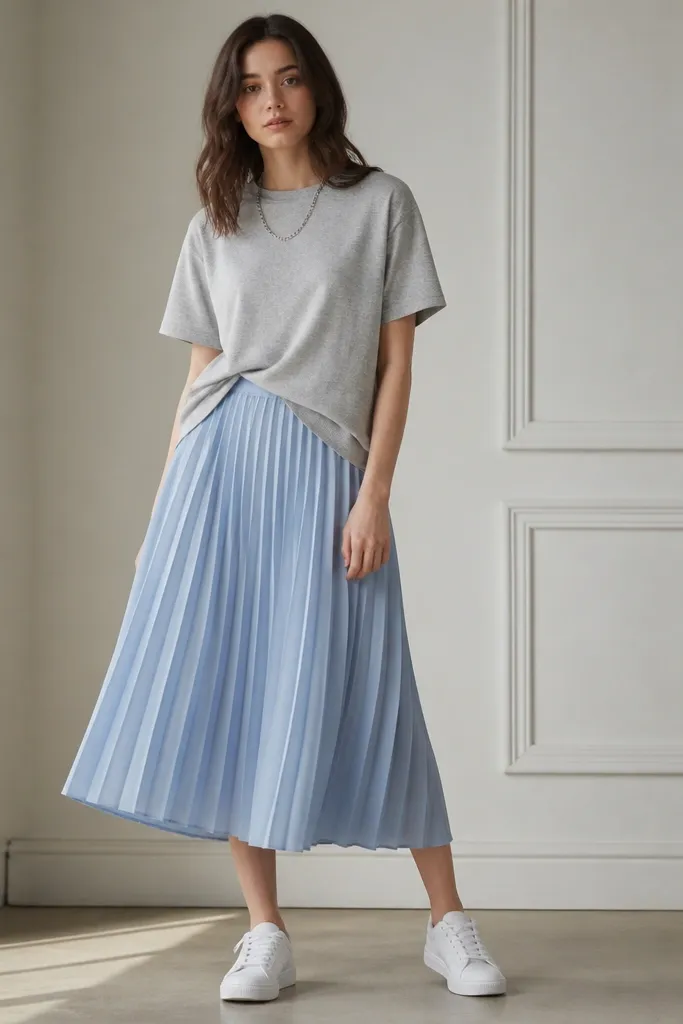 A light blue pleated midi skirt paired with a heather gray knit tee. The tee is half-tucked and the sleeves are slightly loose. The look includes white low-top sneakers and a silver chain necklace.