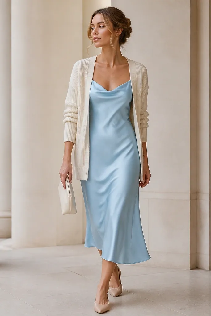 A sky blue slip skirt with a cream ribbed cardigan worn open. The cardigan drapes at the hips, and the slip skirt has a satin sheen. Styling includes nude pointed flats and a small cream clutch.