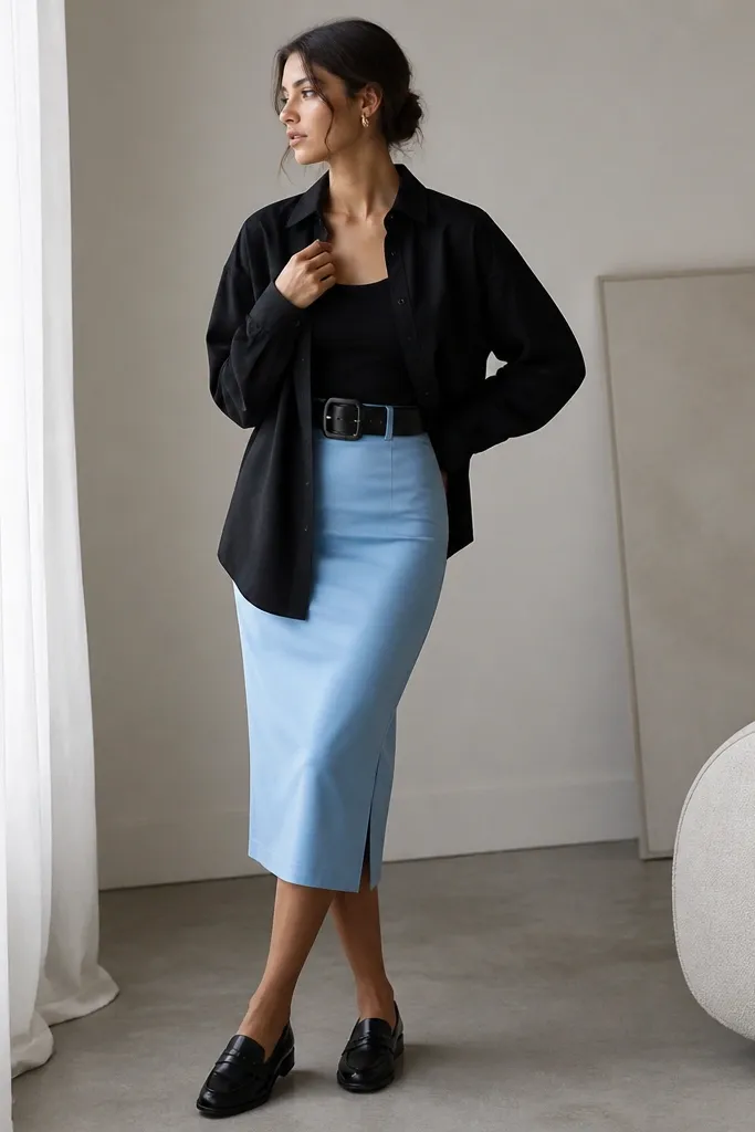 A light blue pencil skirt with a black oversized button-up worn open over a black fitted tank. The waist is cinched with a wide black belt, and the outfit includes black loafers.