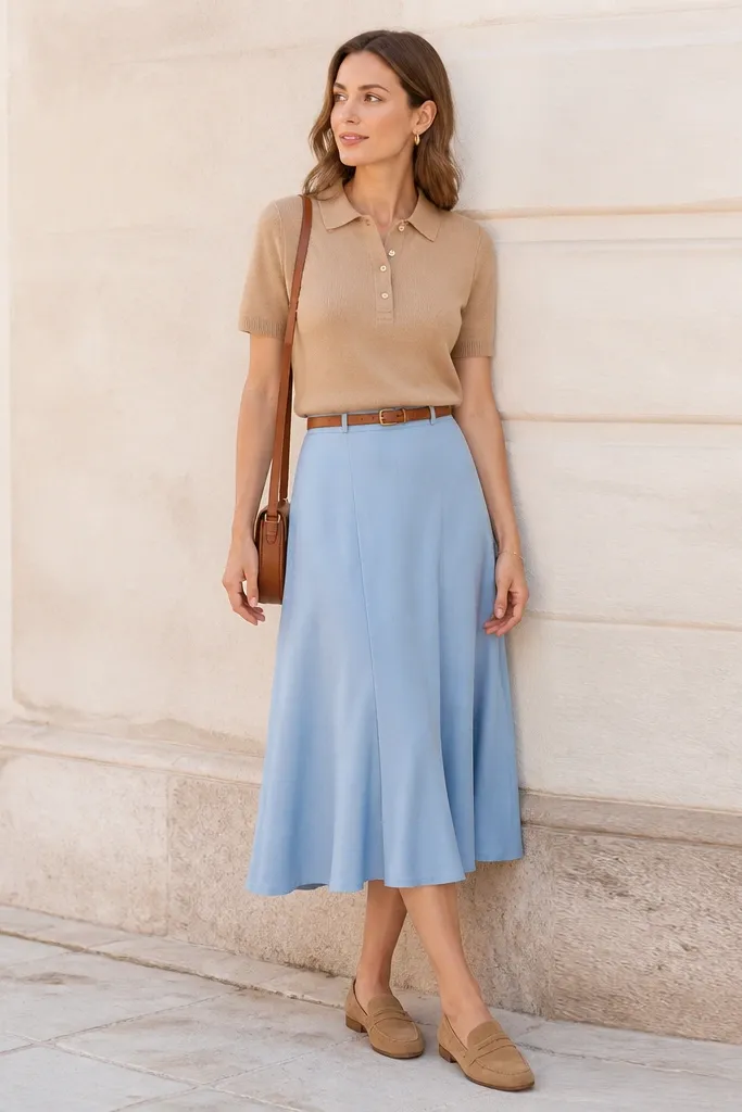 A powder blue midi skirt paired with a camel knit polo shirt. The polo is tucked neatly with a thin brown belt. The shoes are tan suede loafers, and the bag is small crossbody in cognac.