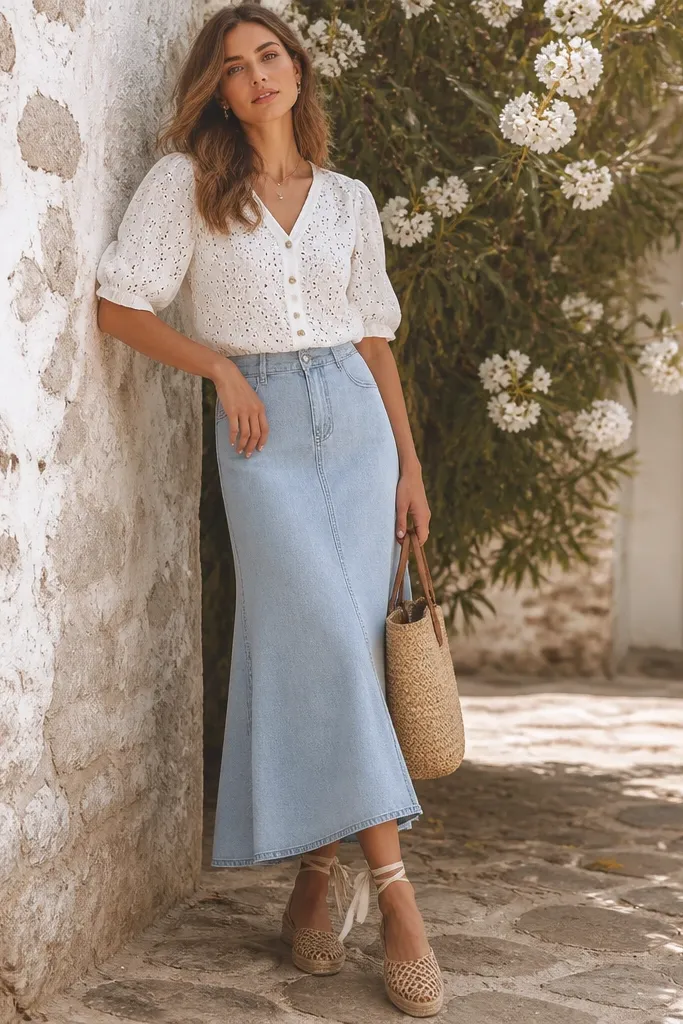 A chambray light blue skirt with visible stitching and a slightly faded wash, paired with a white eyelet blouse. The blouse has puff sleeves and a button front. The outfit includes wicker-style espadrilles and a straw tote.