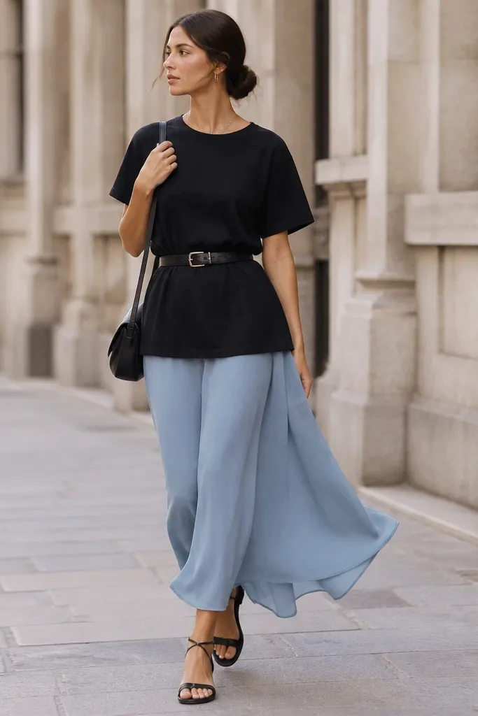 A light blue maxi skirt with a black short-sleeve tee worn as a tunic and cinched with a black leather belt. The outfit includes black strappy sandals and a crossbody bag. The skirt has a flowing hem that moves as the model walks.