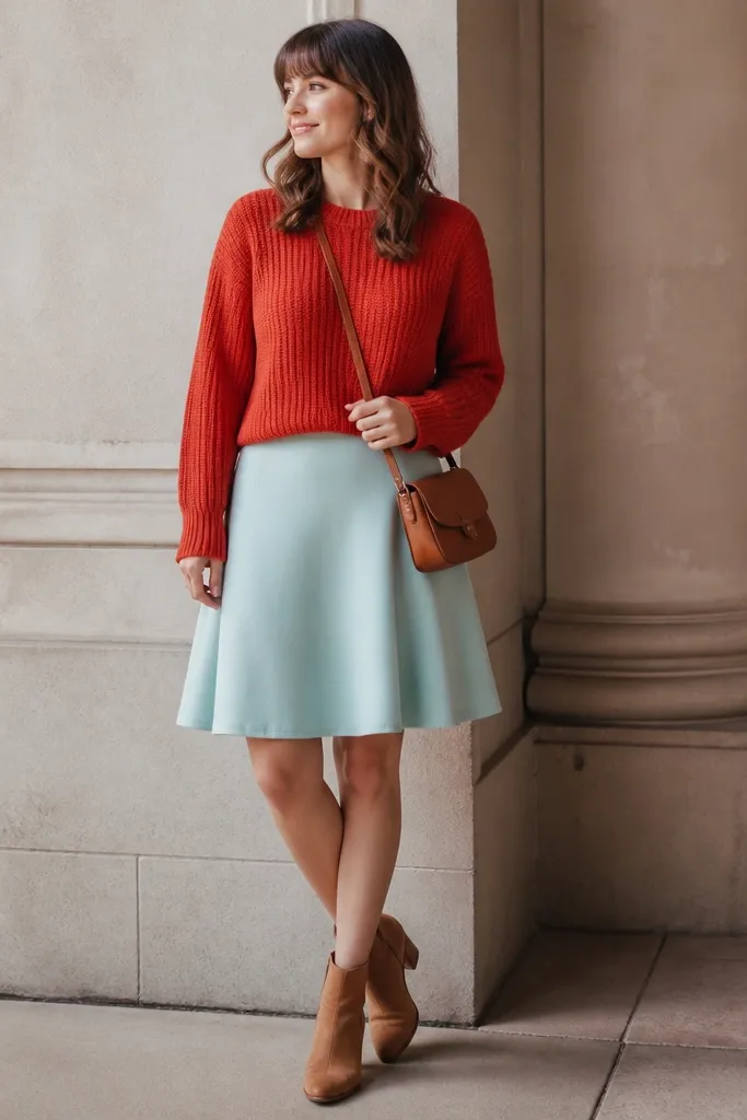 A mint-leaning light blue A-line skirt paired with a red-orange knit sweater. The sweater has a crew neck and slightly cropped length. The outfit includes tan ankle boots and a small crossbody in brown leather.