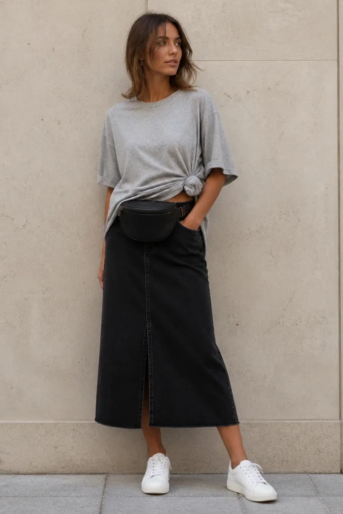 An oversized heather-gray t-shirt is knotted at the hip over a black denim midi skirt; the model wears white sneakers and a black belt bag.