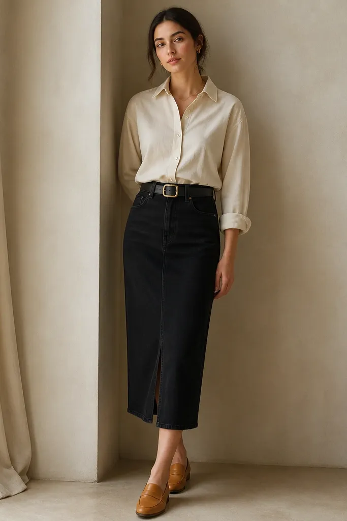 A cream button-up shirt is tucked into a black denim midi skirt with one sleeve rolled once; the outfit shows tan loafers and a structured belt.