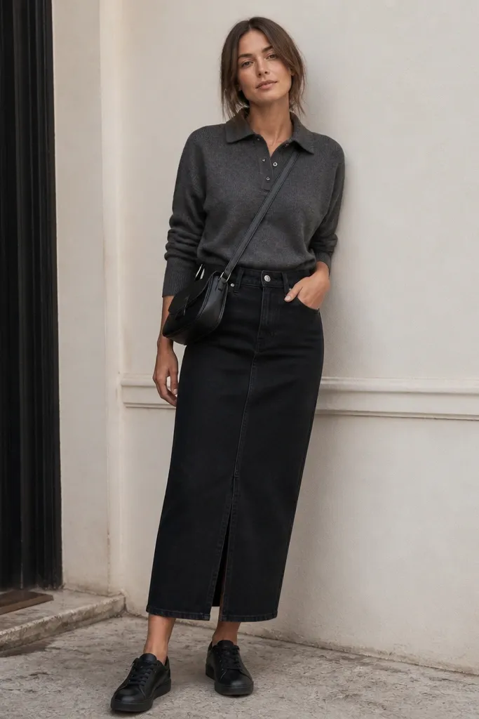 A charcoal knit polo shirt layered with a black denim midi skirt; the model wears black leather sneakers and a black crossbody.