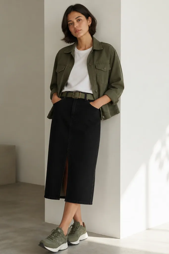 An olive utility jacket is worn over a simple white tee with a black denim midi skirt; the model has olive-green sneakers and a belt in the same olive tone.