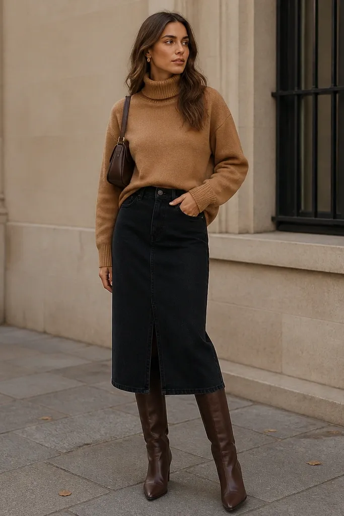 A camel turtleneck sweater paired with a black denim midi skirt; the look includes brown knee-high boots and a small shoulder bag.