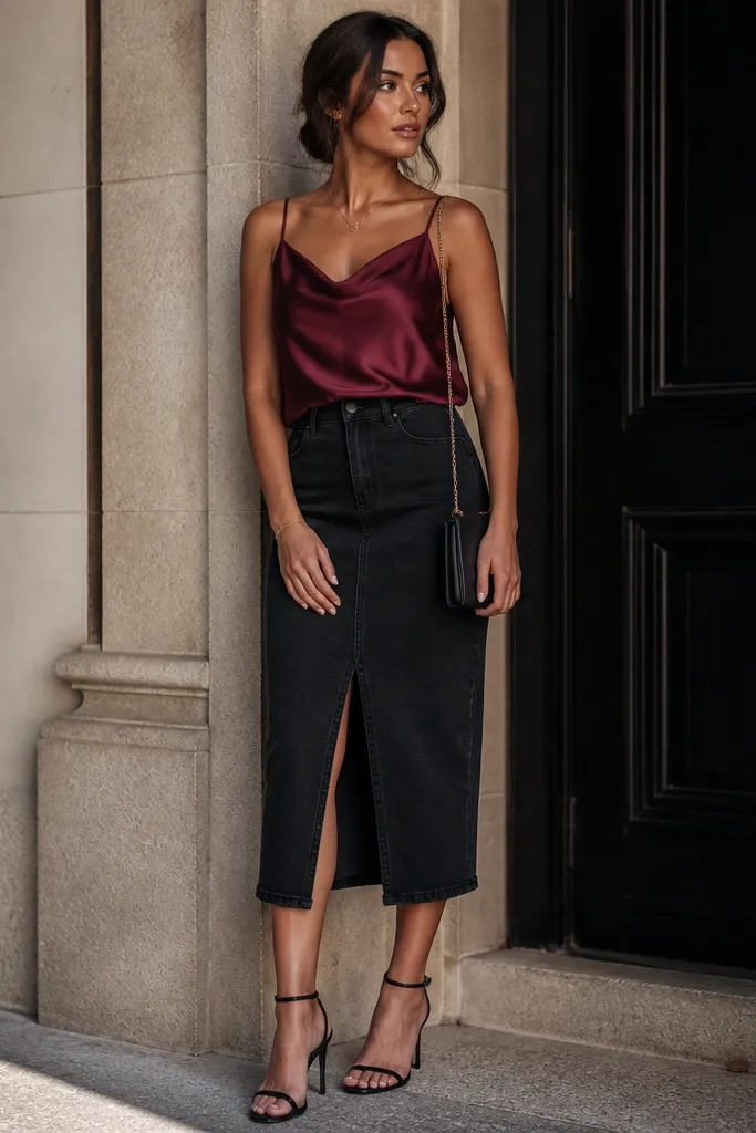 A satin slip blouse in deep burgundy is worn with a black denim midi skirt; the model has black strappy heels and a clutch-style crossbody.