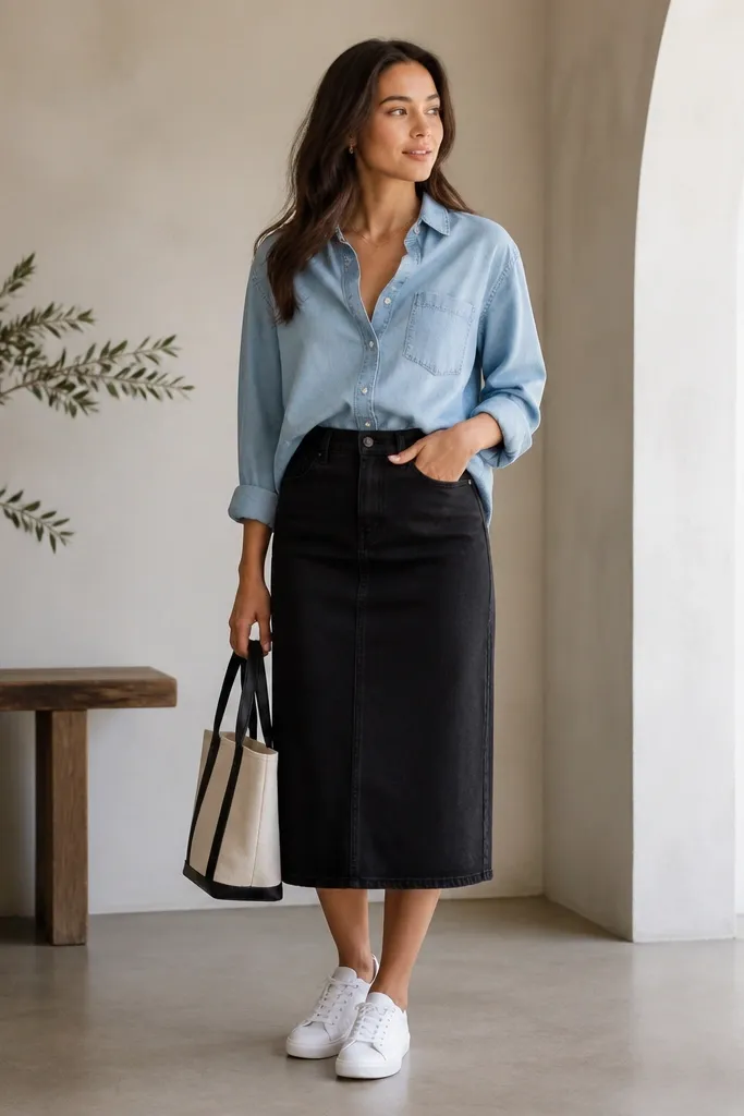 A light chambray button-up with rolled cuffs is worn over a black denim midi skirt; the model wears white sneakers and a small tote bag.