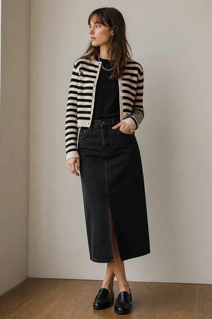 A cropped striped knit cardigan layered over a black t-shirt and a black denim midi skirt; the model wears black loafers and a silver chain necklace.