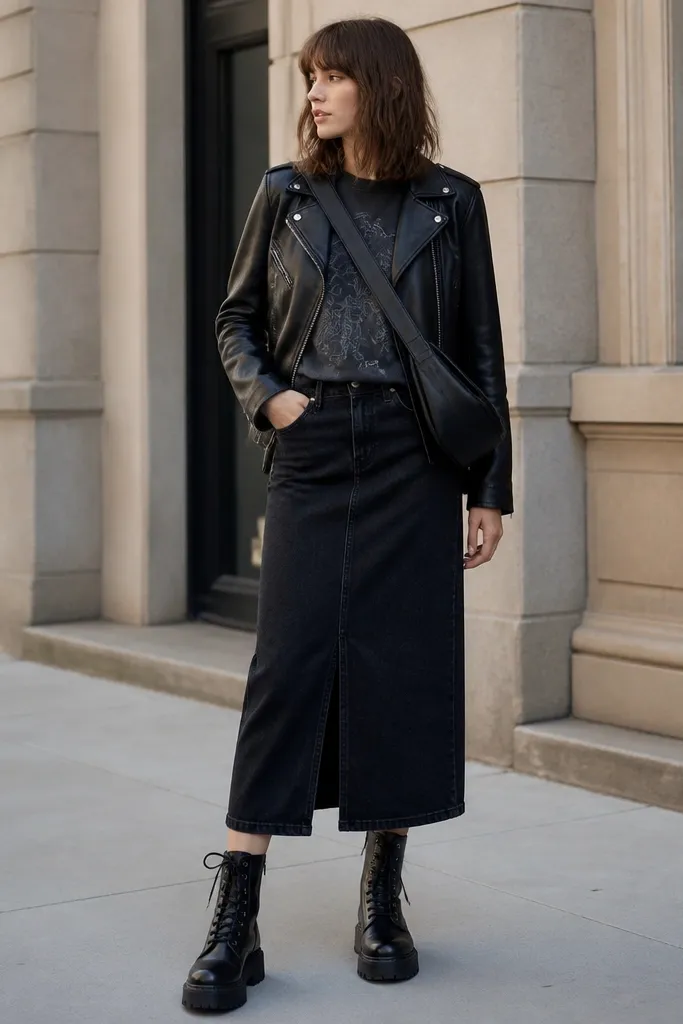 A black leather jacket over a graphic tee is worn with a black denim midi skirt; the model has combat boots and a crossbody strap.
