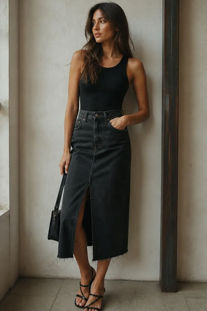 Low maintenance black denim skirt outfit for midi days