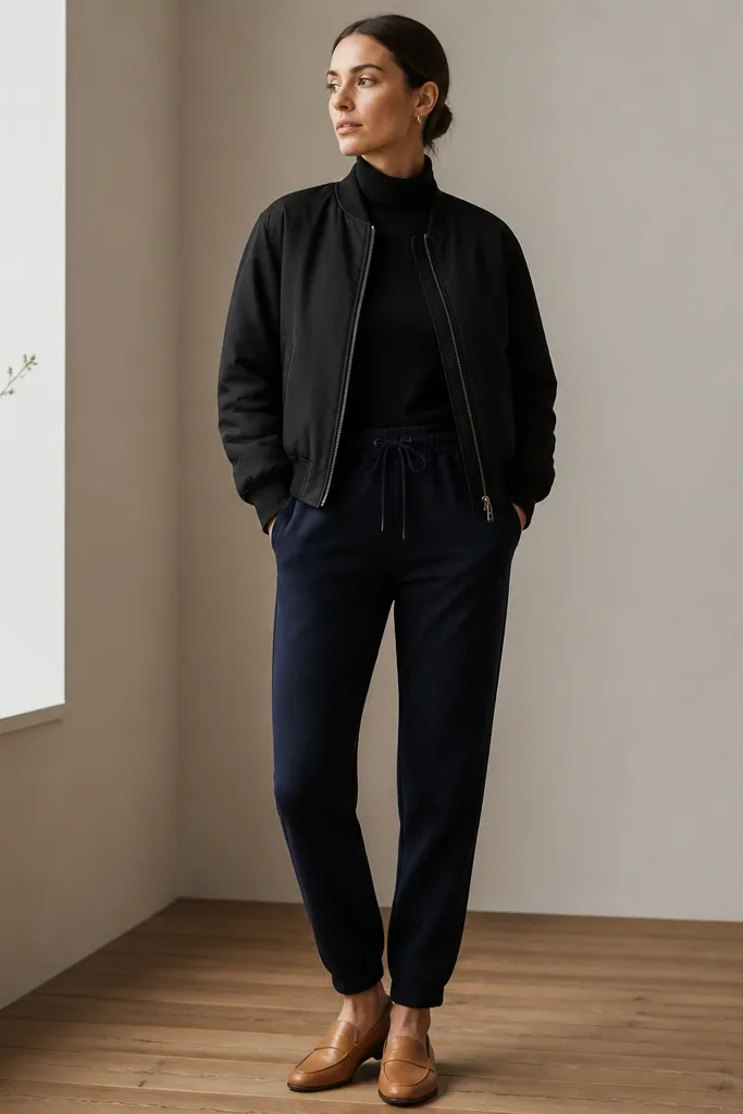 A woman in dark blue joggers paired with a black mock-neck sweater, a short black bomber jacket, and tan leather loafers. Her hair is back and her posture is upright, showing a clean line from waistband to hem.