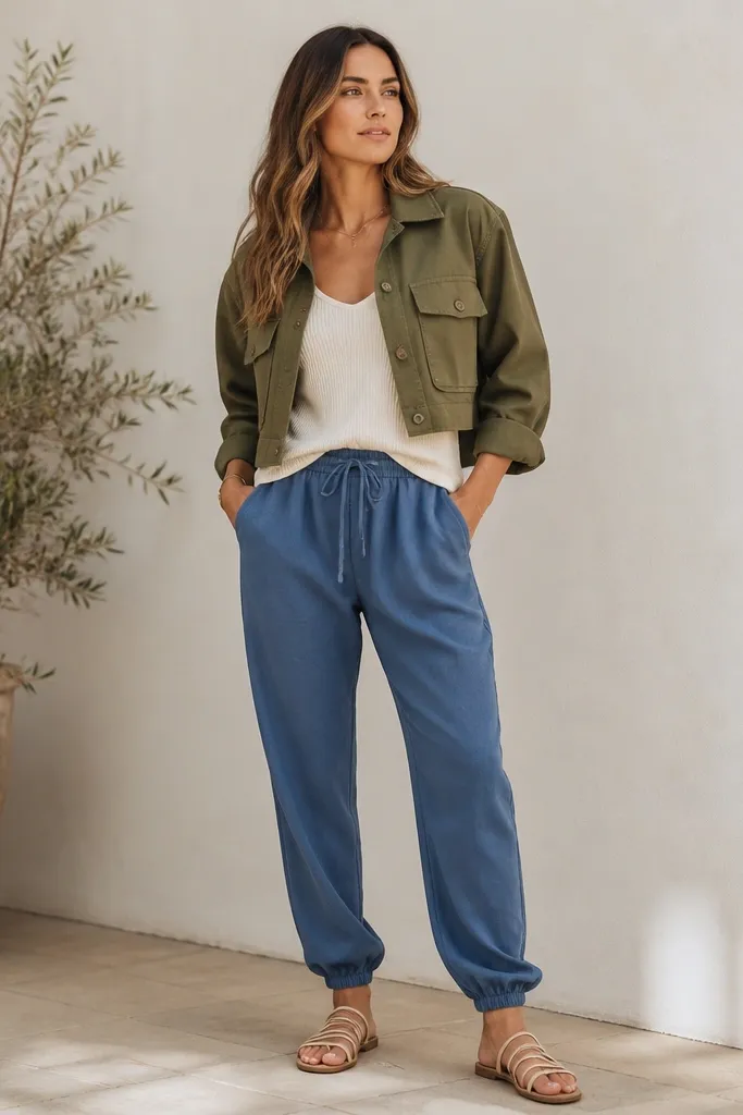 A woman in blue joggers wearing an off-white ribbed tank tucked at the front, a cropped olive utility jacket, and neutral sandals. The tank shows a clean rib texture and the jacket has button details.