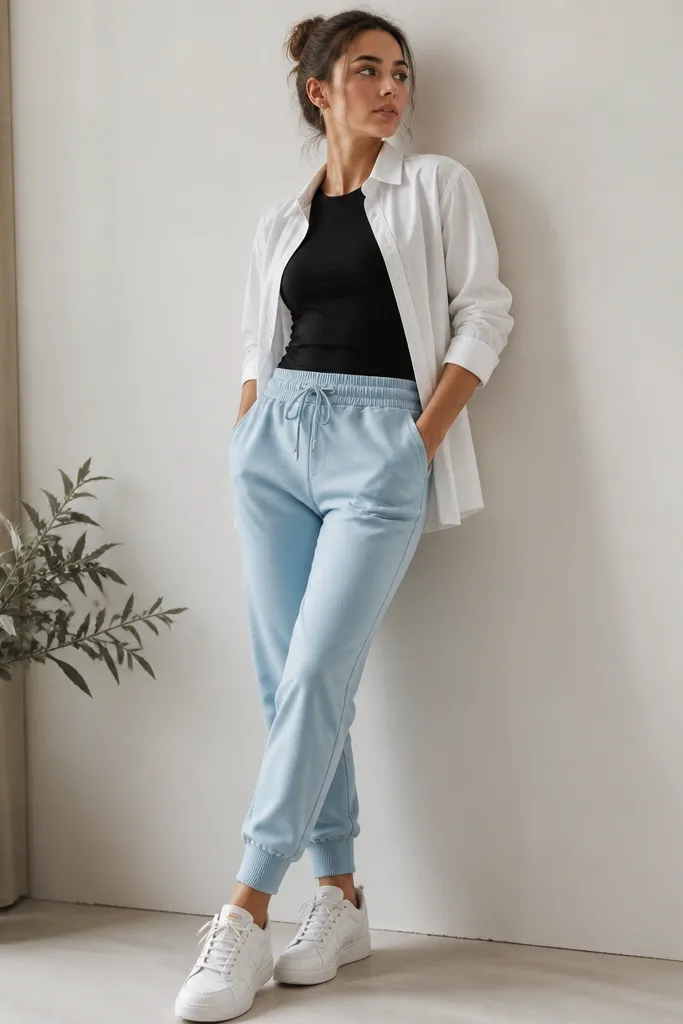 A woman wearing light blue joggers with a black fitted short-sleeve tee under a white button-up shirt worn open. The shirt is slightly wrinkled at the hem but clean at the seams, and she wears white sneakers.