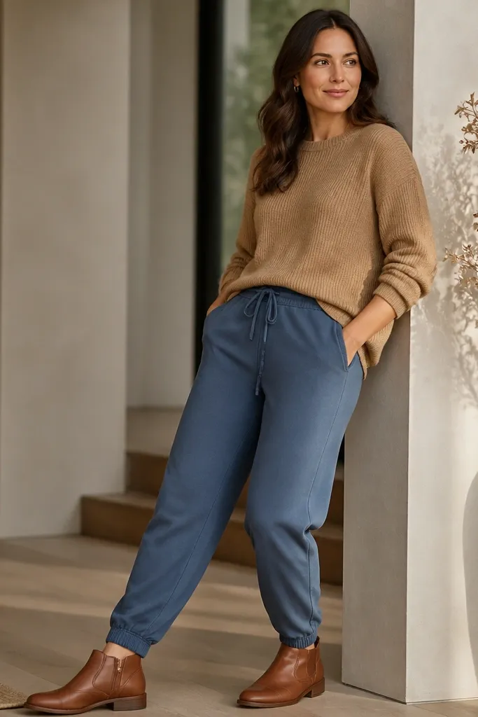 A woman wearing medium-blue joggers with a camel knit sweater and brown ankle boots. The sweater has a soft drape, and the boots show a low heel and clean leather finish.