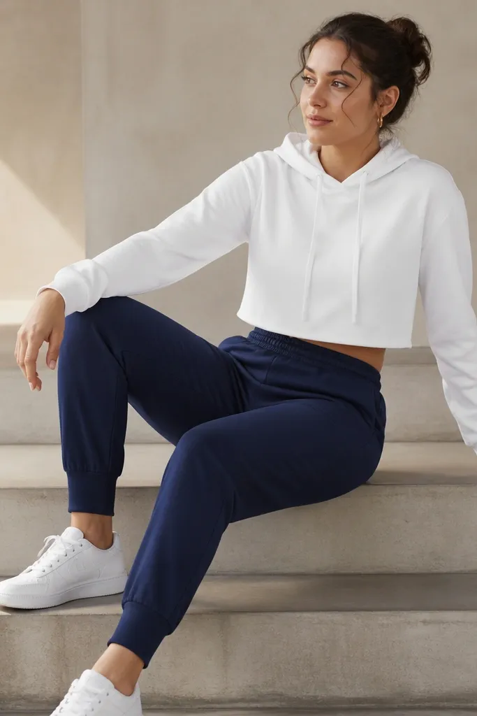 A woman in navy-blue joggers wearing a white cropped hoodie with the hem ending at the waistband. She has small gold hoop earrings and clean white sneakers.