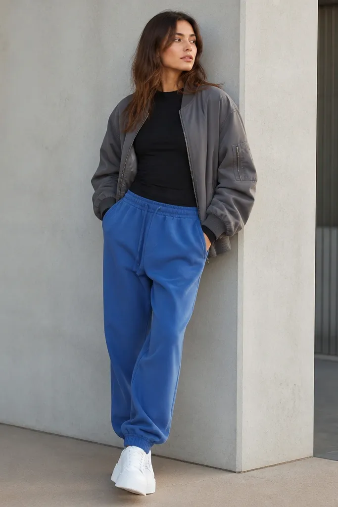 A woman wearing blue joggers with a black long-sleeve tee, a gray bomber jacket, and platform white sneakers. The bomber sleeves are down and the tee is fitted at the shoulders.
