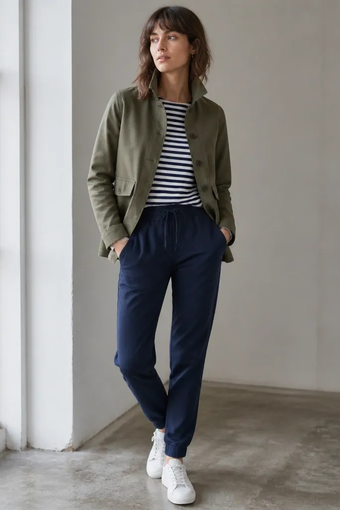 A woman in blue joggers wearing a navy-and-white striped tee, an olive field jacket, and white sneakers. The jacket has a slightly structured collar and buttoned front.