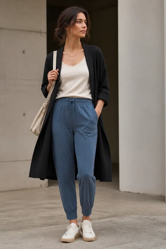 A woman wearing blue joggers with a black cardigan open over a cream top, rolled cardigan sleeves, and a cream sling bag. The cardigan drapes and the joggers hem sits above the ankle.