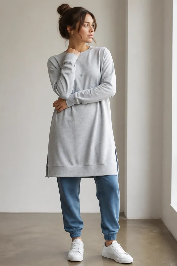 A woman wearing blue joggers with a long gray sweatshirt dress layered on top, worn like a tunic. The dress hem falls past the hips and the joggers peek out near the ankles. White sneakers finish the look.