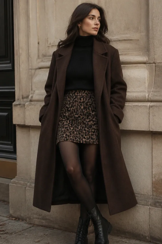 A black ribbed turtleneck tucked into a leopard skirt; a long chocolate-brown wool coat; black 60 denier tights; black leather lace-up boots; small gold hoop earrings.