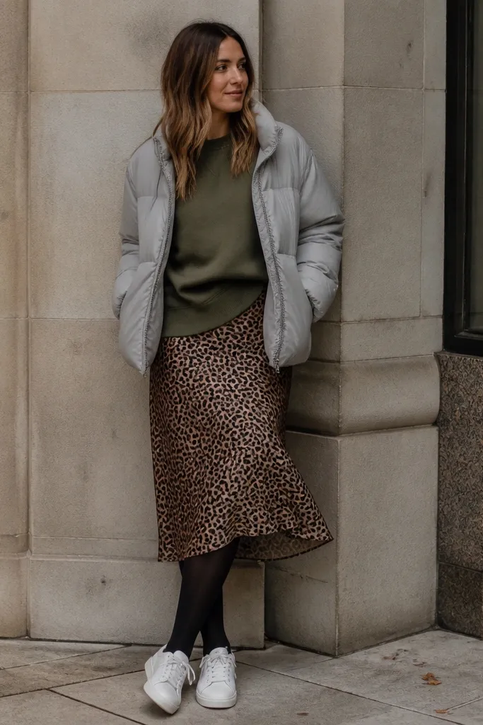 An olive crewneck sweatshirt worn over a leopard slip skirt; dark matte tights; white sneakers; a soft grey puffer jacket unzipped.