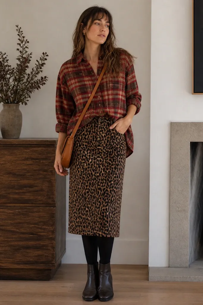 A red-and-brown plaid flannel button-up worn half-tucked over a straight leopard skirt; black tights; dark brown ankle boots; a tan crossbody bag.