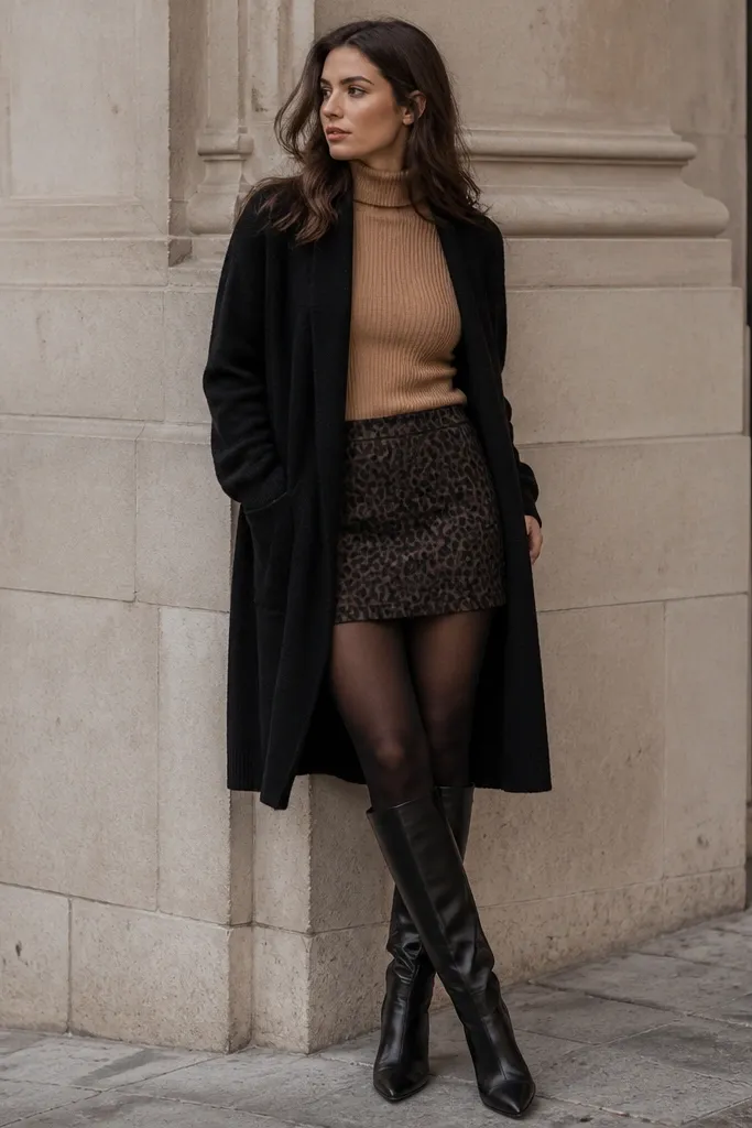 A camel ribbed turtleneck with a black leopard mini skirt; sheer-to-matte black tights; knee-high black boots; a long black wool cardigan.