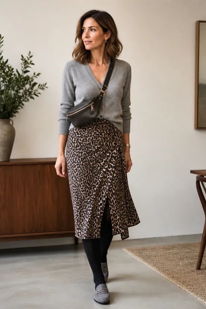 A grey cardigan over a leopard wrap-style midi skirt; black leggings/tights; heather grey loafers; a belt bag worn crossbody.