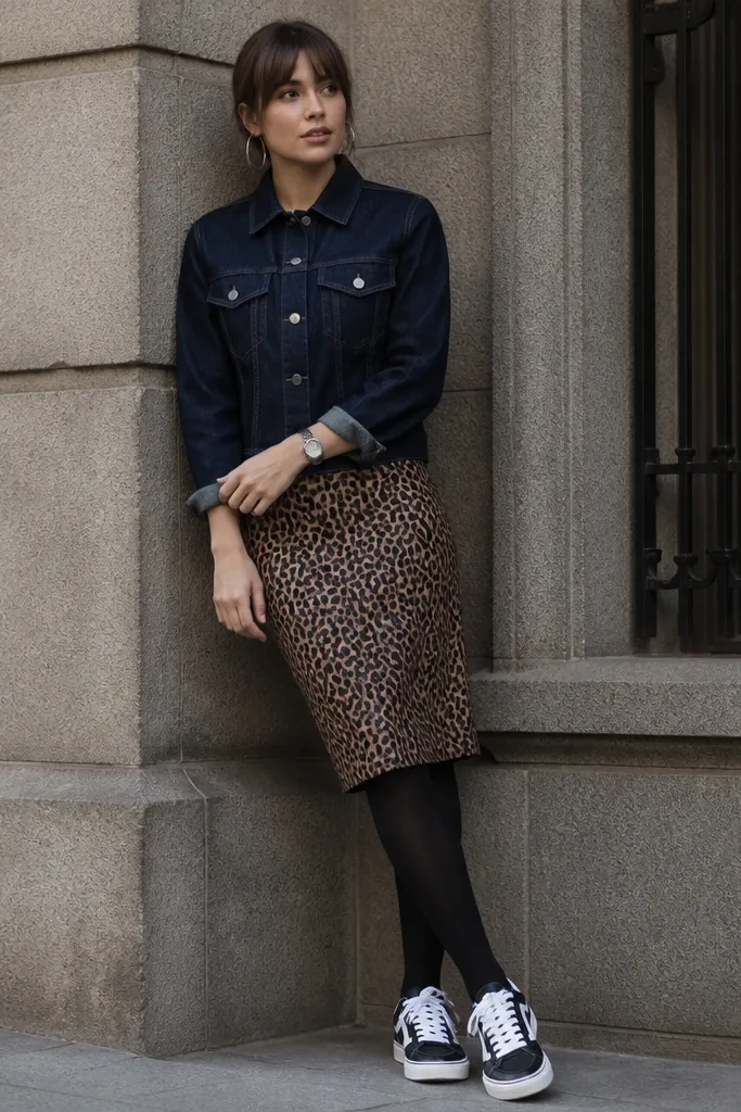 A dark indigo denim jacket over a leopard pencil skirt; black tights; white-and-black sneakers; silver hoop earrings; simple watch.