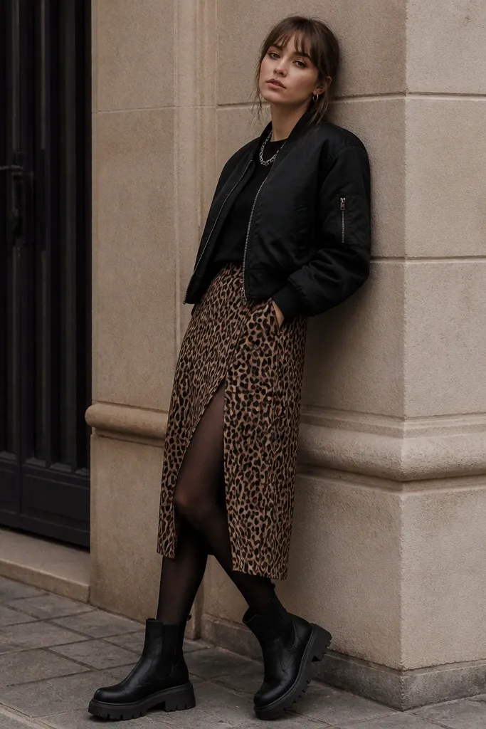 A matte black bomber jacket worn with a leopard skirt that has a side slit; black tights; chunky black boots; silver chain necklace.